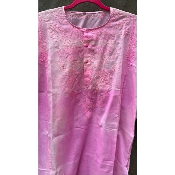 PINK TIE DYE SEMI SHEER COTTON CAFTAN COVERUP EMBROIDERED LONG KURTA TOP L/XL - Picture 7 of 15
